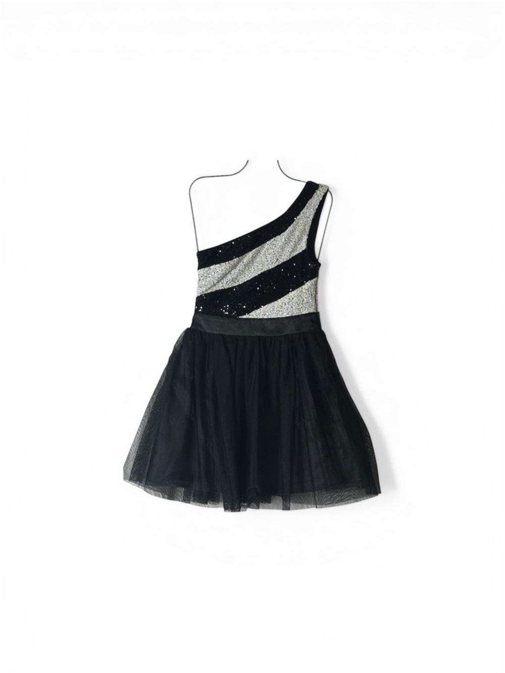 Black and Silver One-Shoulder Sequin Party Tulle Dress